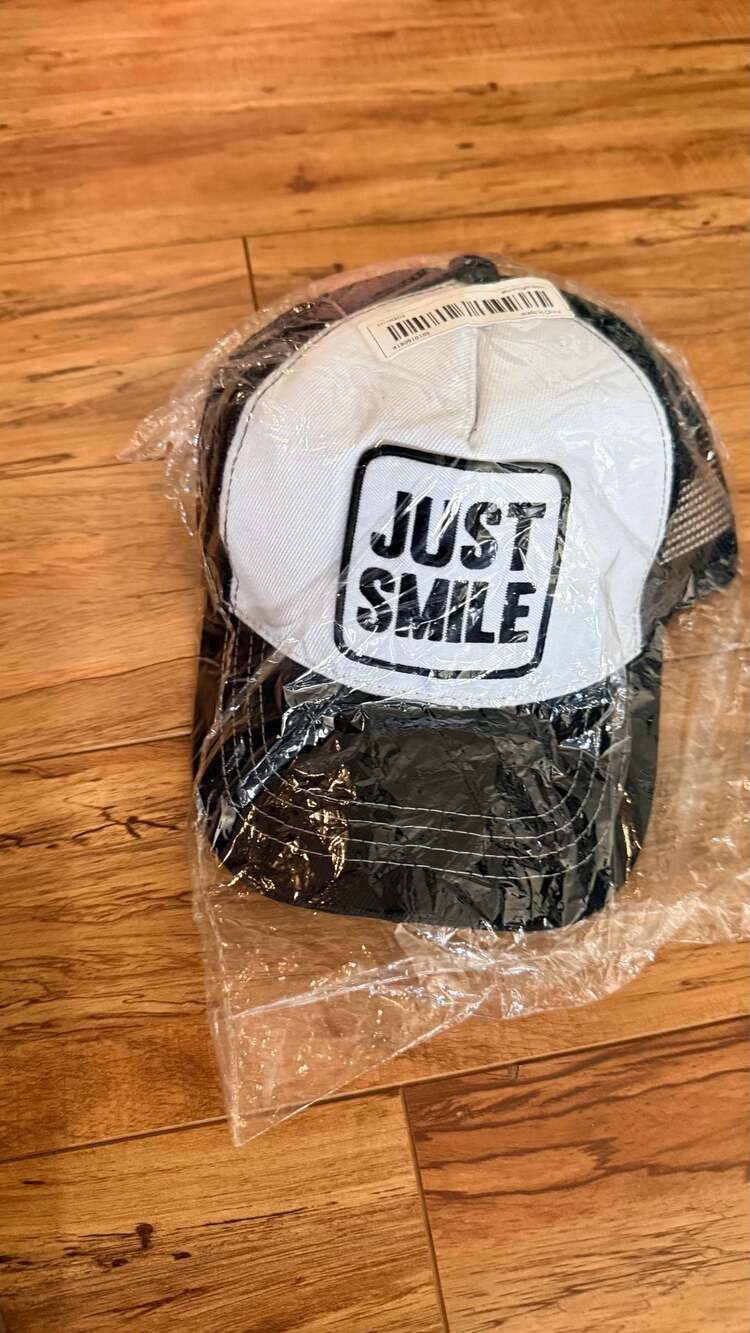Just Smile Trucker Hat Black White Patch Mesh Snapback